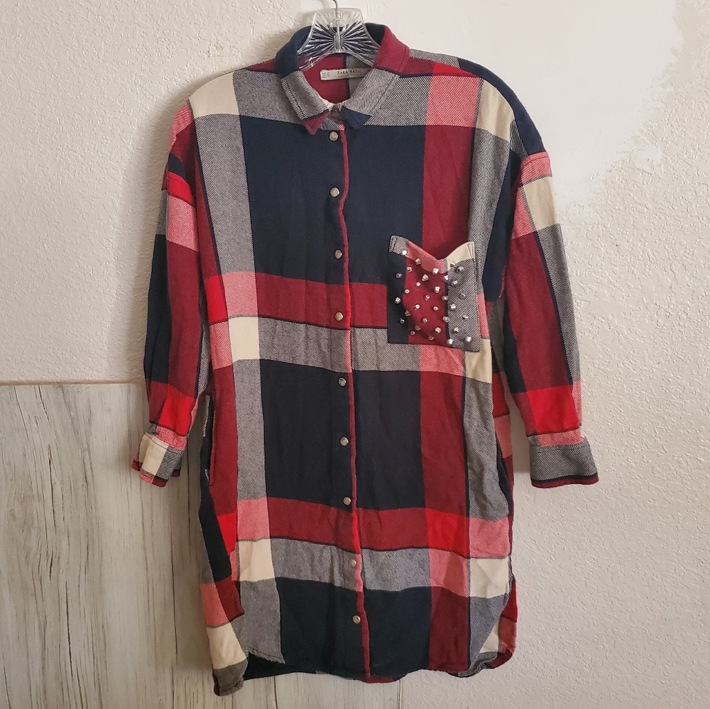 Zara Basics Cotton Red Black Plaid Shirtdress Tunic Pockets Studded Size S